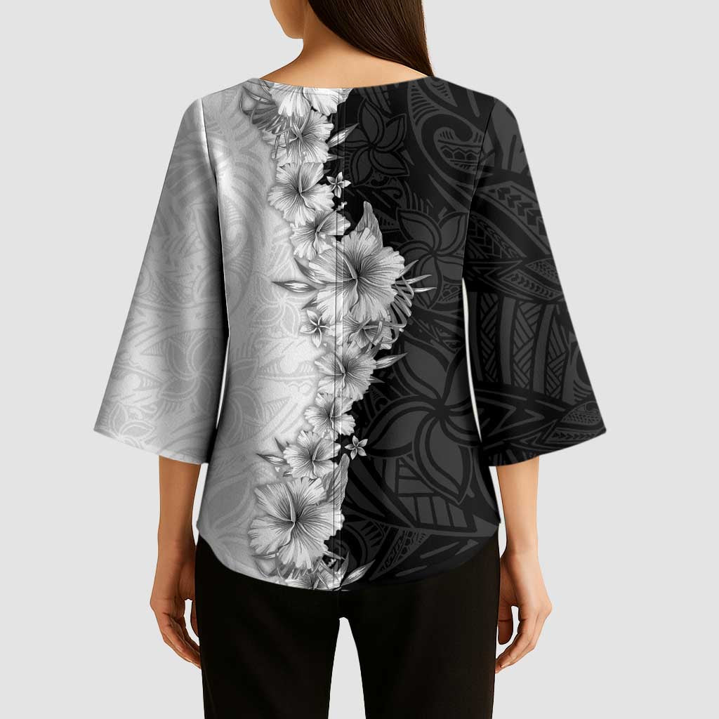 Hawaii Hibiscus Flowers Kimono Sleeve Blouse Grayscale Polynesian Pattern LT05 - Polynesian Pride