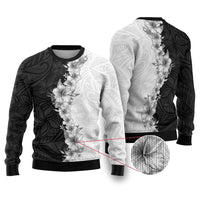 Hawaii Hibiscus Flowers Ugly Christmas Sweater Grayscale Polynesian Pattern LT05 Black - Polynesian Pride