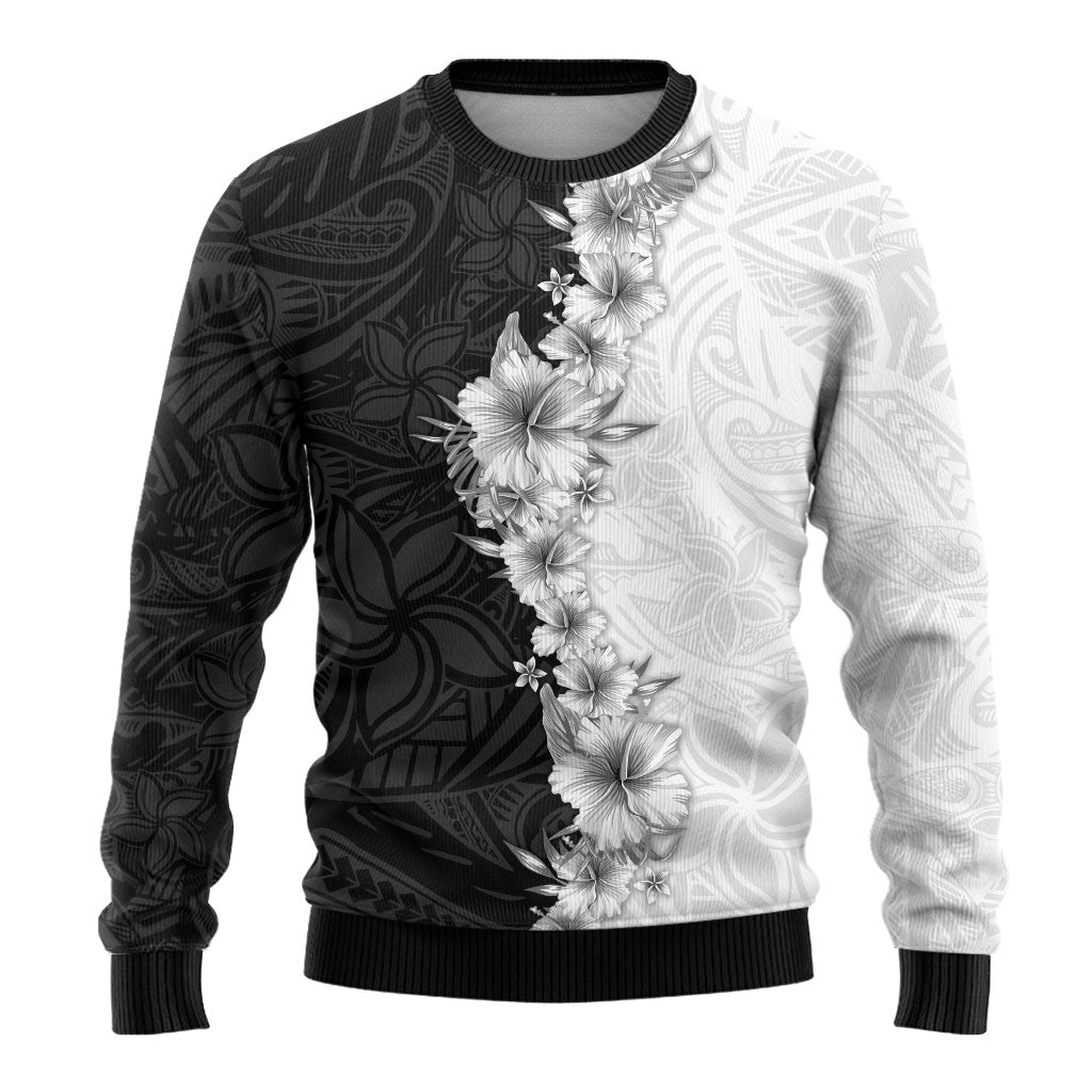 Hawaii Hibiscus Flowers Ugly Christmas Sweater Grayscale Polynesian Pattern LT05 - Polynesian Pride