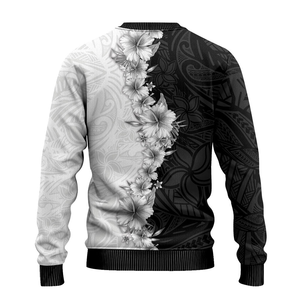 Hawaii Hibiscus Flowers Ugly Christmas Sweater Grayscale Polynesian Pattern LT05 - Polynesian Pride