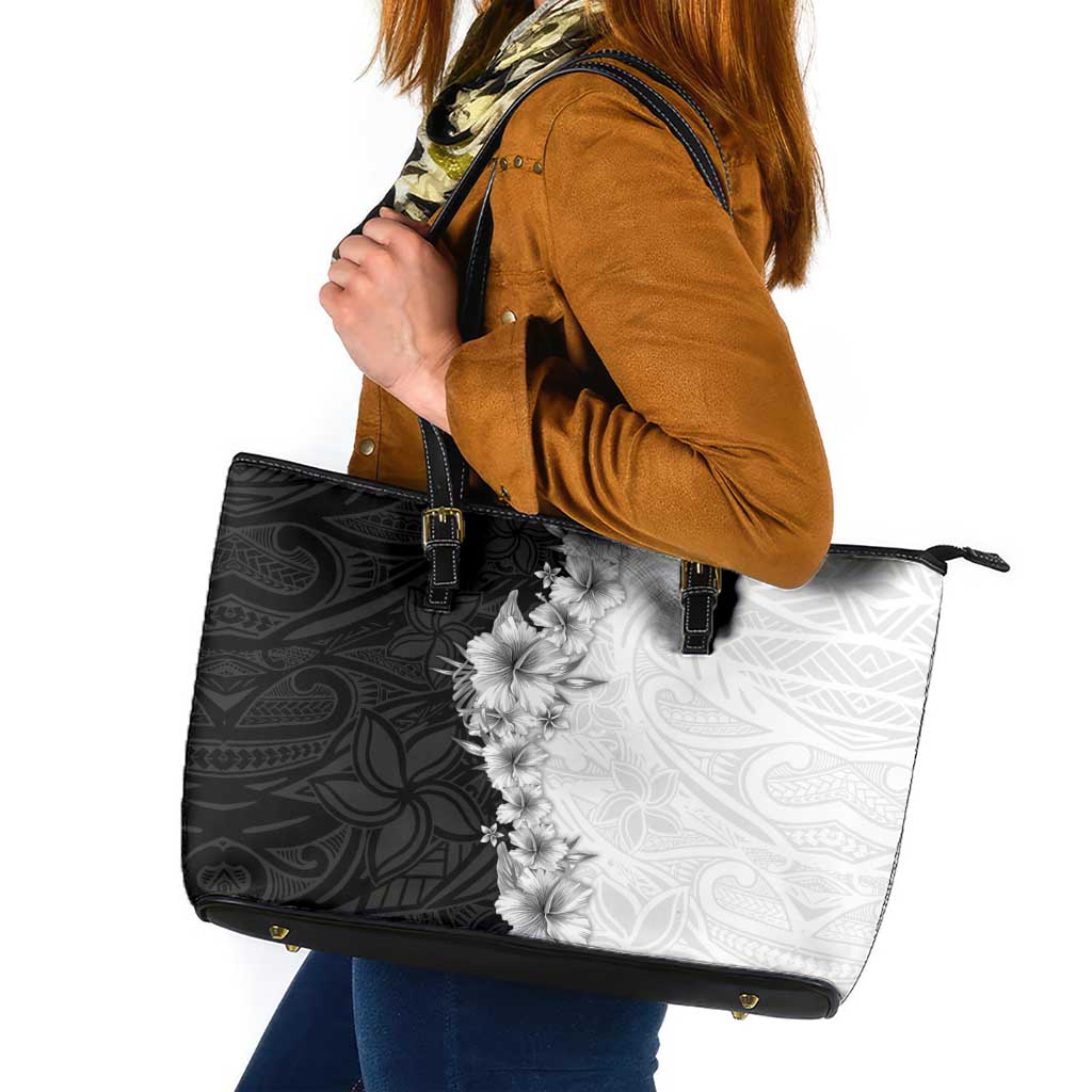 Hawaii Hibiscus Flowers Leather Tote Bag Grayscale Polynesian Pattern LT05 Black - Polynesian Pride