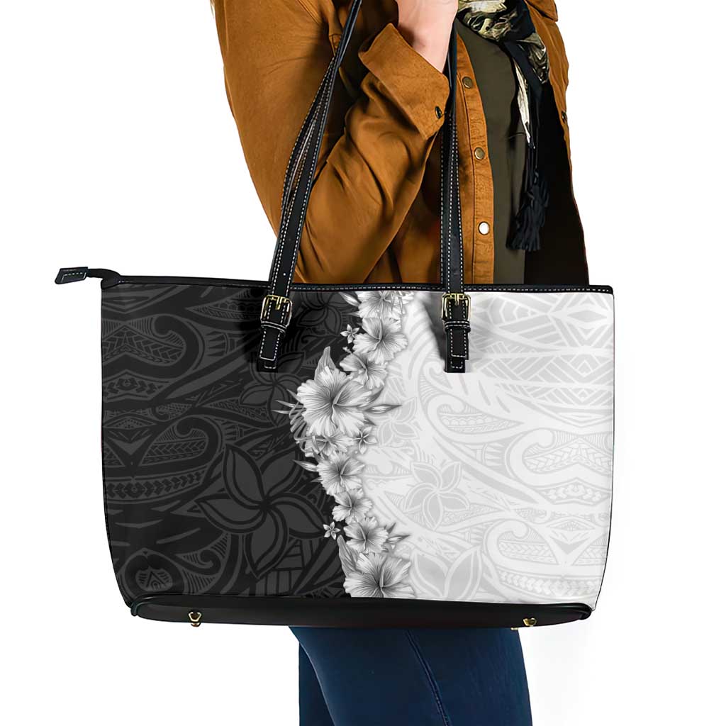 Hawaii Hibiscus Flowers Leather Tote Bag Grayscale Polynesian Pattern LT05 - Polynesian Pride