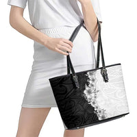 Hawaii Hibiscus Flowers Leather Tote Bag Grayscale Polynesian Pattern LT05 - Polynesian Pride