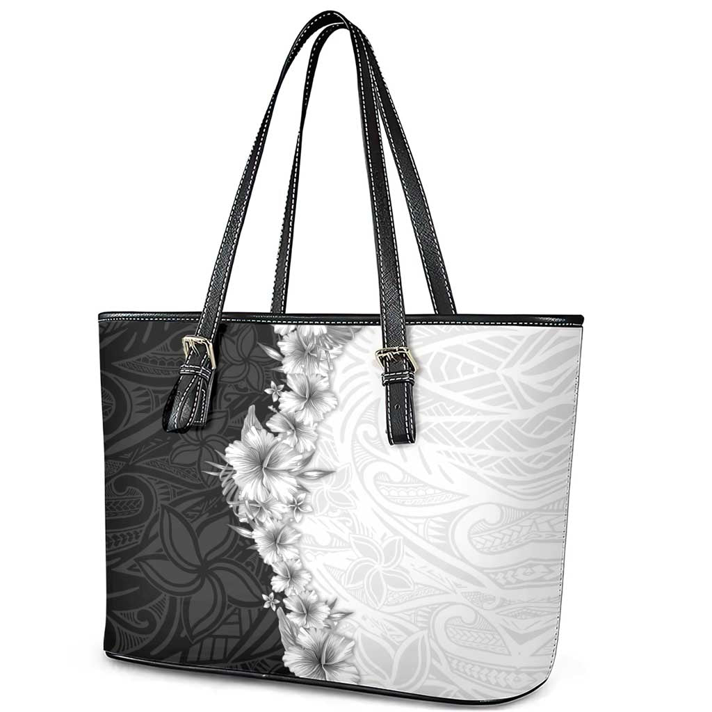 Hawaii Hibiscus Flowers Leather Tote Bag Grayscale Polynesian Pattern LT05 - Polynesian Pride