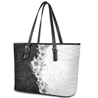 Hawaii Hibiscus Flowers Leather Tote Bag Grayscale Polynesian Pattern LT05 - Polynesian Pride
