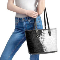 Hawaii Hibiscus Flowers Leather Tote Bag Grayscale Polynesian Pattern LT05 - Polynesian Pride