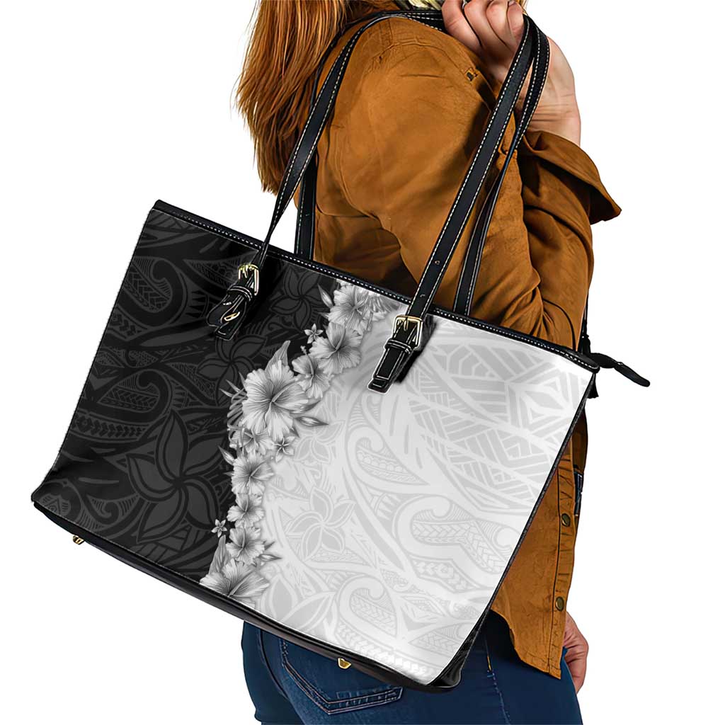 Hawaii Hibiscus Flowers Leather Tote Bag Grayscale Polynesian Pattern LT05 - Polynesian Pride