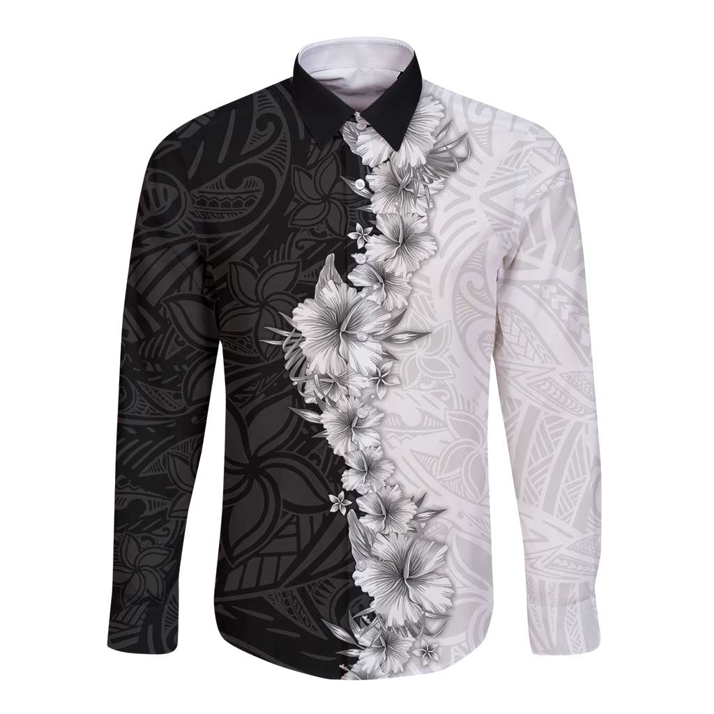 Hawaii Hibiscus Flowers Long Sleeve Button Shirt Grayscale Polynesian Pattern LT05 Unisex Black - Polynesian Pride