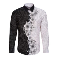 Hawaii Hibiscus Flowers Long Sleeve Button Shirt Grayscale Polynesian Pattern LT05 Unisex Black - Polynesian Pride