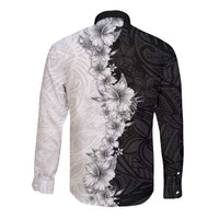 Hawaii Hibiscus Flowers Long Sleeve Button Shirt Grayscale Polynesian Pattern LT05 - Polynesian Pride