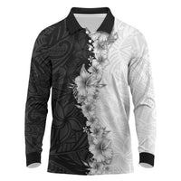 Hawaii Hibiscus Flowers Long Sleeve Polo Shirt Grayscale Polynesian Pattern LT05 Black - Polynesian Pride
