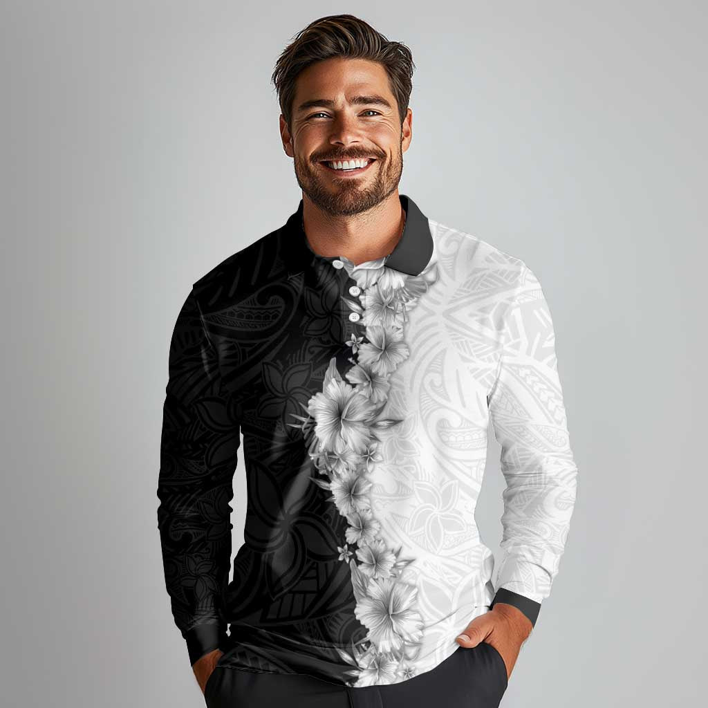 Hawaii Hibiscus Flowers Long Sleeve Polo Shirt Grayscale Polynesian Pattern LT05 - Polynesian Pride