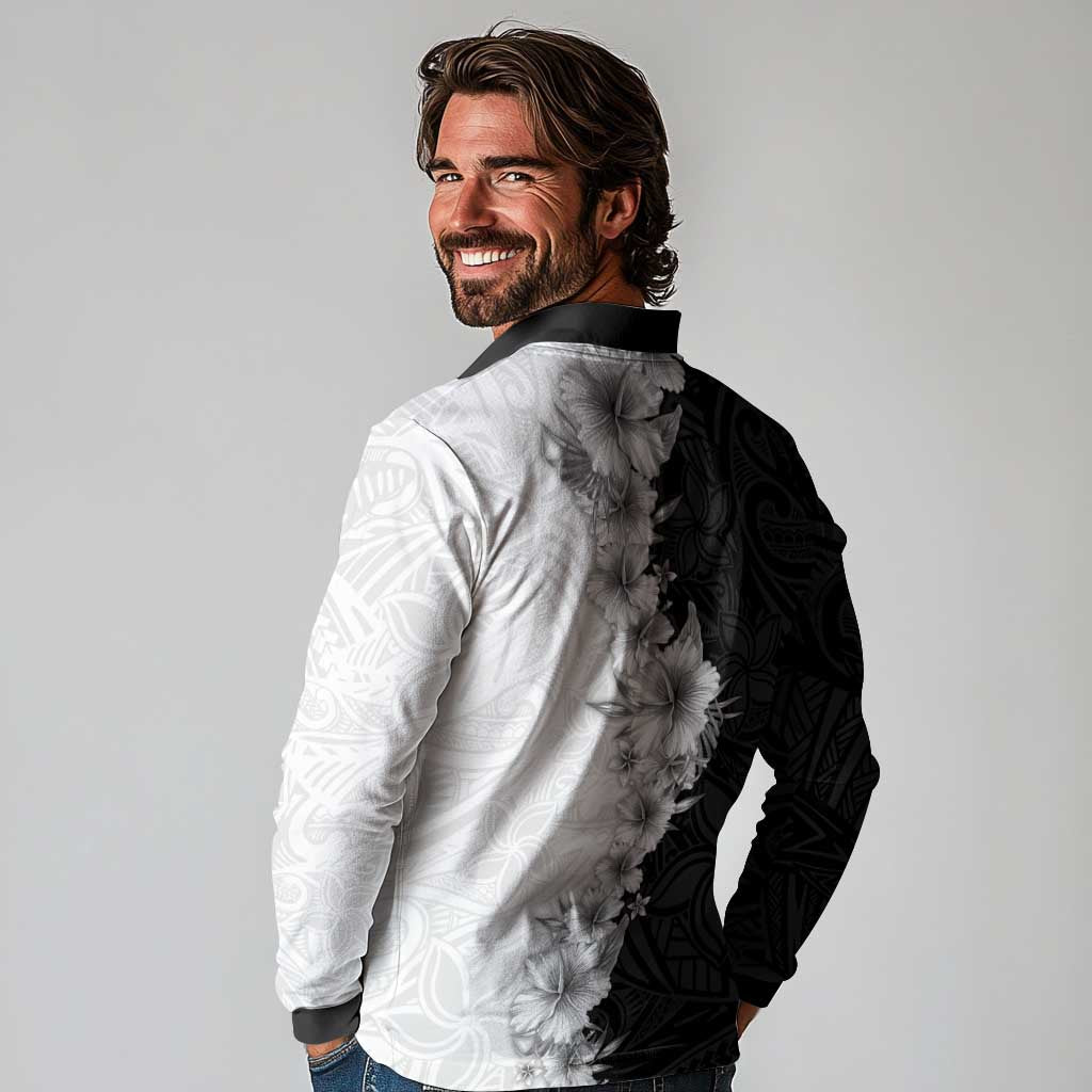 Hawaii Hibiscus Flowers Long Sleeve Polo Shirt Grayscale Polynesian Pattern LT05 - Polynesian Pride