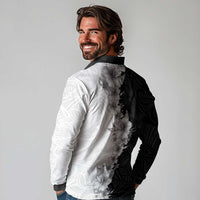 Hawaii Hibiscus Flowers Long Sleeve Polo Shirt Grayscale Polynesian Pattern LT05 - Polynesian Pride