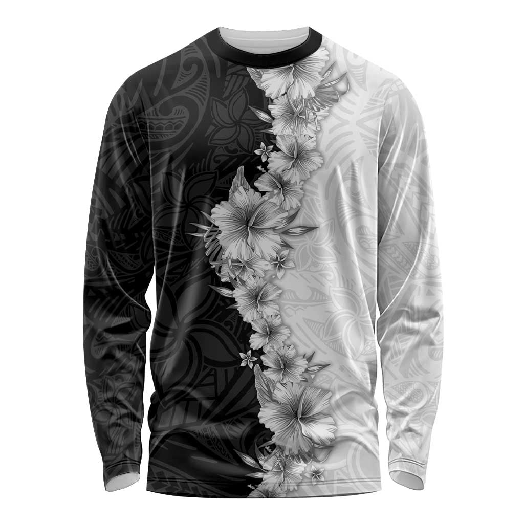 Hawaii Hibiscus Flowers Long Sleeve Shirt Grayscale Polynesian Pattern LT05 Unisex Black - Polynesian Pride