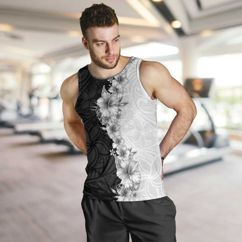 Hawaii Hibiscus Flowers Men Tank Top Grayscale Polynesian Pattern LT05 Black - Polynesian Pride
