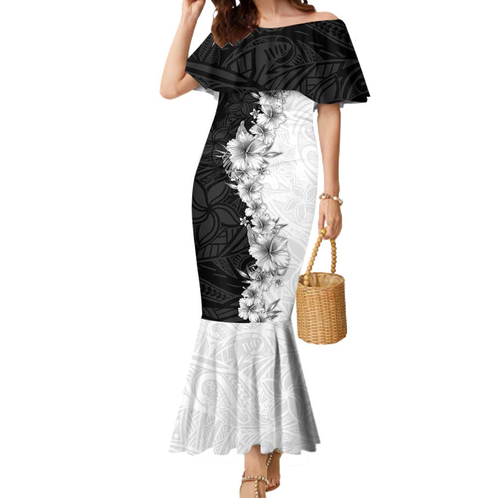 Hawaii Hibiscus Flowers Mermaid Dress Grayscale Polynesian Pattern LT05 Women Black - Polynesian Pride