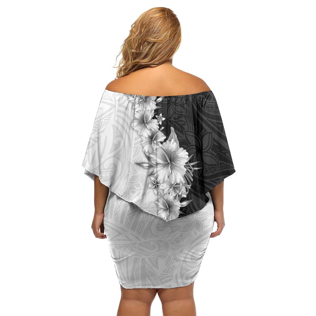 Hawaii Hibiscus Flowers Off Shoulder Short Dress Grayscale Polynesian Pattern