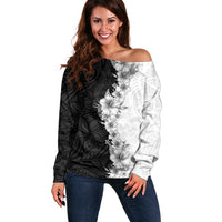 Hawaii Hibiscus Flowers Off Shoulder Sweater Grayscale Polynesian Pattern