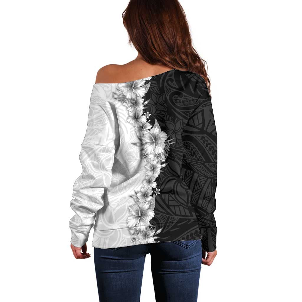 Hawaii Hibiscus Flowers Off Shoulder Sweater Grayscale Polynesian Pattern