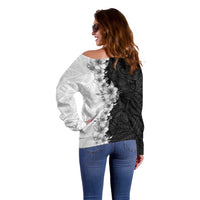Hawaii Hibiscus Flowers Off Shoulder Sweater Grayscale Polynesian Pattern
