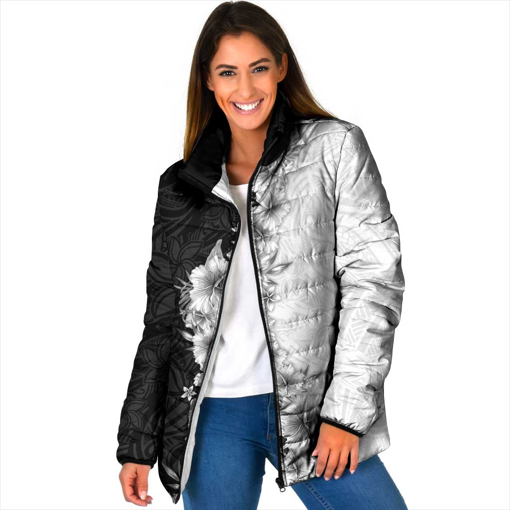 Hawaii Hibiscus Flowers Padded Jacket Grayscale Polynesian Pattern LT05 Women Black - Polynesian Pride