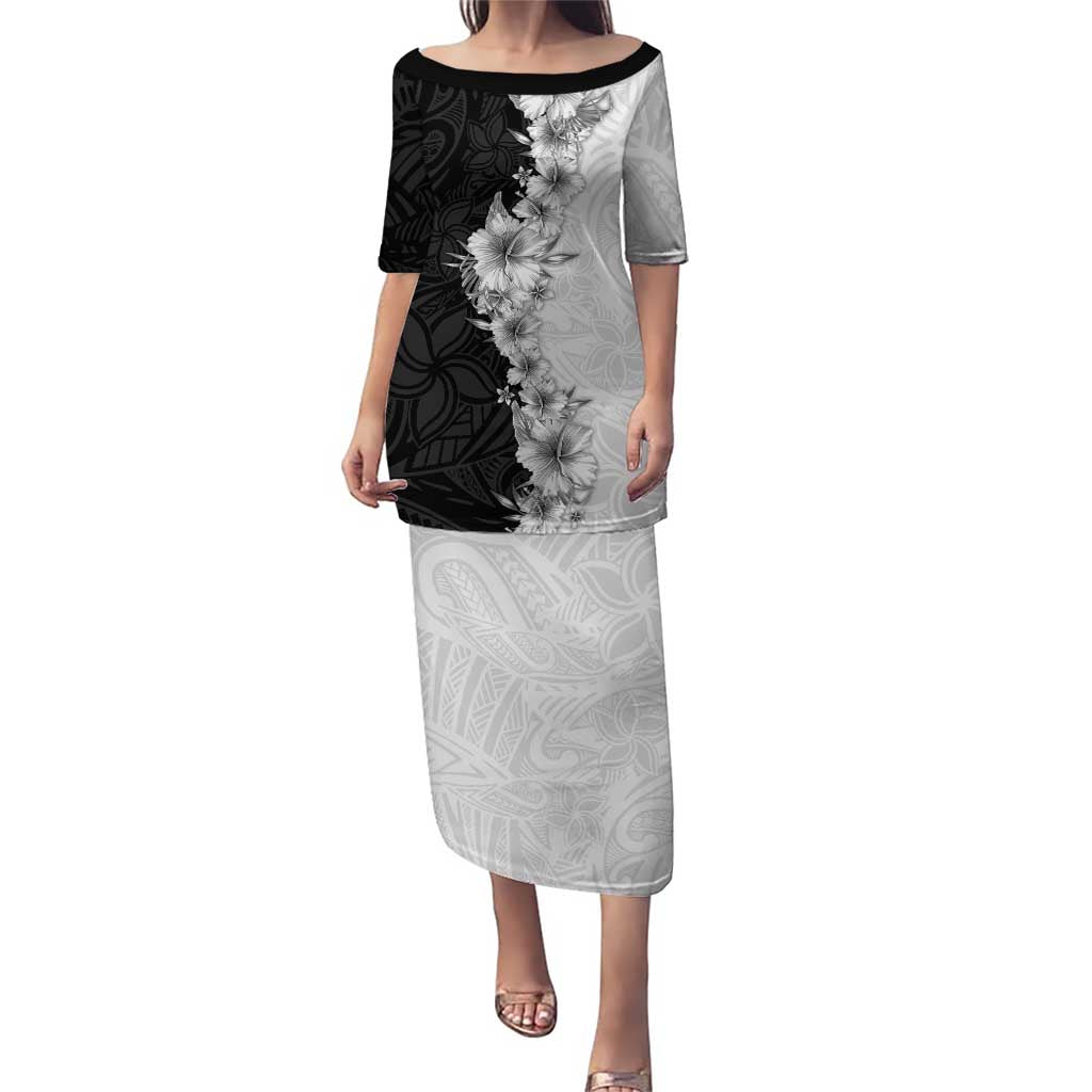 Hawaii Hibiscus Flowers Puletasi Grayscale Polynesian Pattern LT05 Long Dress Black - Polynesian Pride