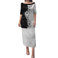 Hawaii Hibiscus Flowers Puletasi Grayscale Polynesian Pattern LT05 Long Dress Black - Polynesian Pride