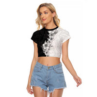 Hawaii Hibiscus Flowers Raglan Cropped T Shirt Grayscale Polynesian Pattern LT05 Female Black - Polynesian Pride