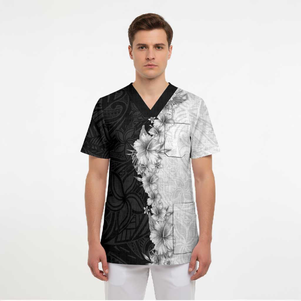 Hawaii Hibiscus Flowers Scrub Top Grayscale Polynesian Pattern LT05 - Polynesian Pride
