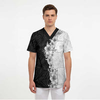 Hawaii Hibiscus Flowers Scrub Top Grayscale Polynesian Pattern LT05 - Polynesian Pride
