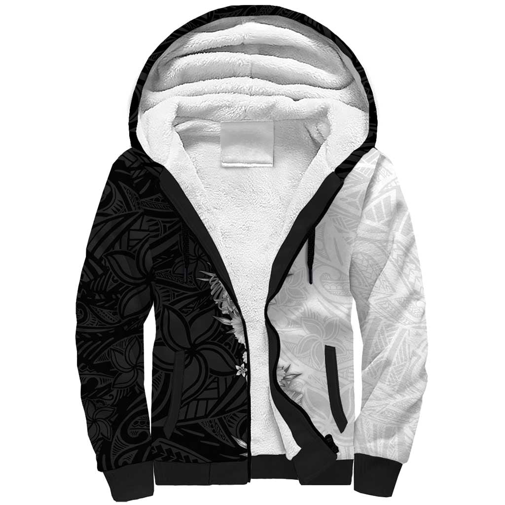 Hawaii Hibiscus Flowers Sherpa Hoodie Grayscale Polynesian Pattern LT05 Unisex Black - Polynesian Pride