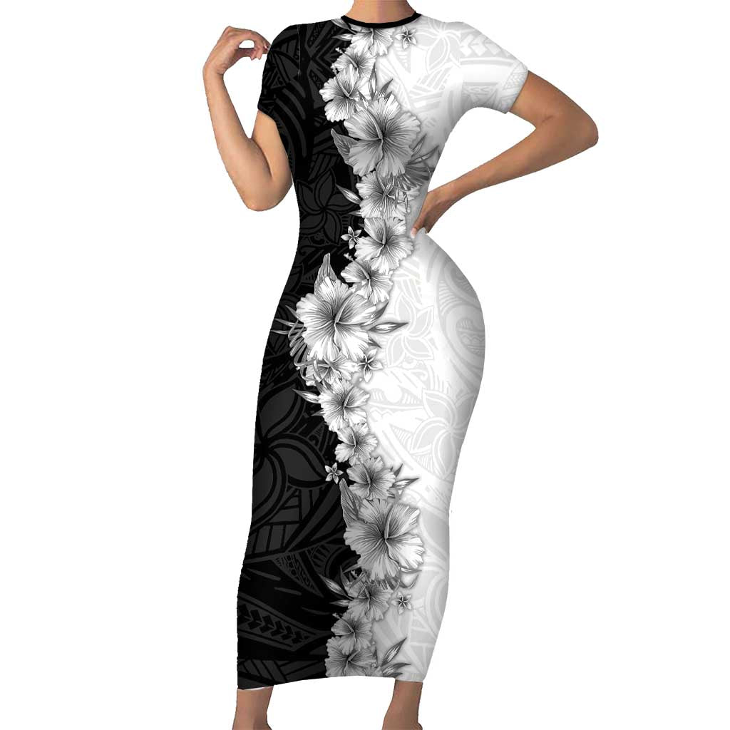 Hawaii Hibiscus Flowers Short Sleeve Bodycon Dress Grayscale Polynesian Pattern LT05 Long Dress Black - Polynesian Pride