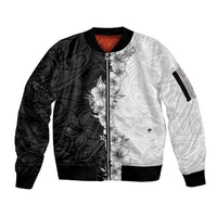 Hawaii Hibiscus Flowers Sleeve Zip Bomber Jacket Grayscale Polynesian Pattern LT05 Unisex Black - Polynesian Pride