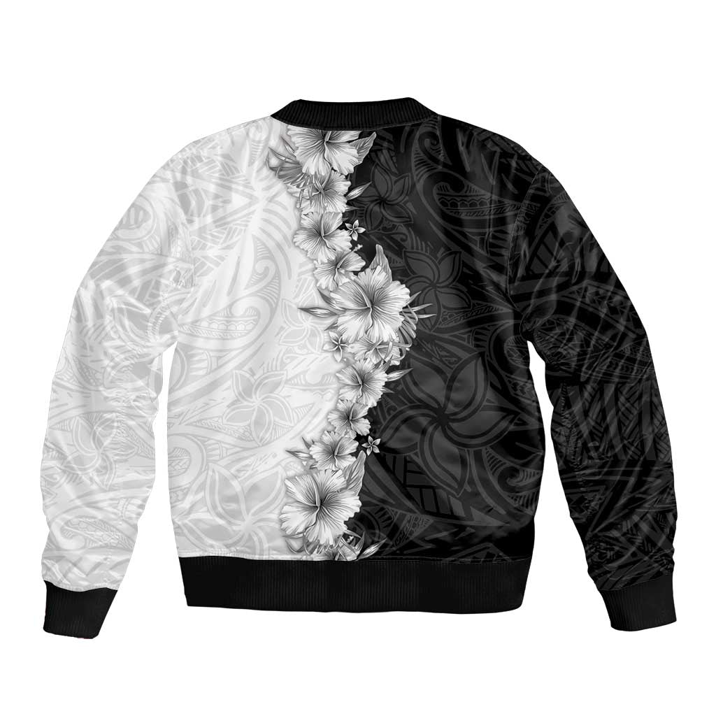 Hawaii Hibiscus Flowers Sleeve Zip Bomber Jacket Grayscale Polynesian Pattern LT05 - Polynesian Pride
