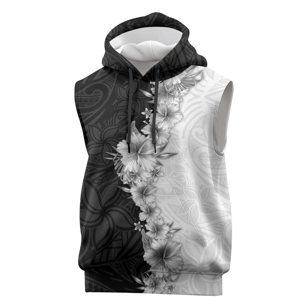 Hawaii Hibiscus Flowers Sleeveless Hoodie Grayscale Polynesian Pattern LT05 Black - Polynesian Pride