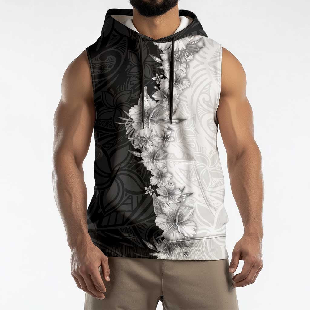 Hawaii Hibiscus Flowers Sleeveless Hoodie Grayscale Polynesian Pattern LT05 - Polynesian Pride