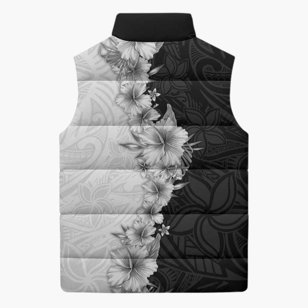 Hawaii Hibiscus Flowers Sleeveless Puffer Jacket Grayscale Polynesian Pattern LT05 - Polynesian Pride