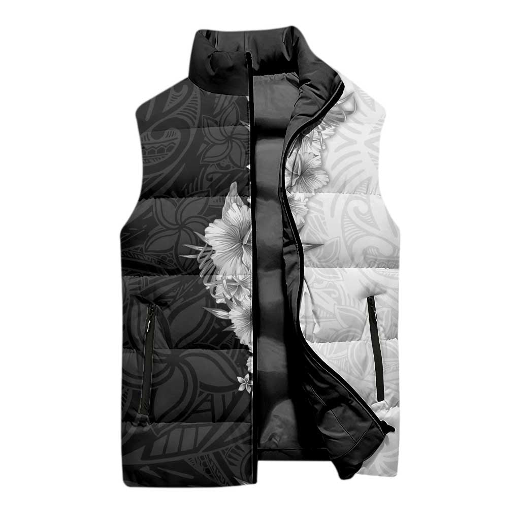Hawaii Hibiscus Flowers Sleeveless Puffer Jacket Grayscale Polynesian Pattern LT05 - Polynesian Pride