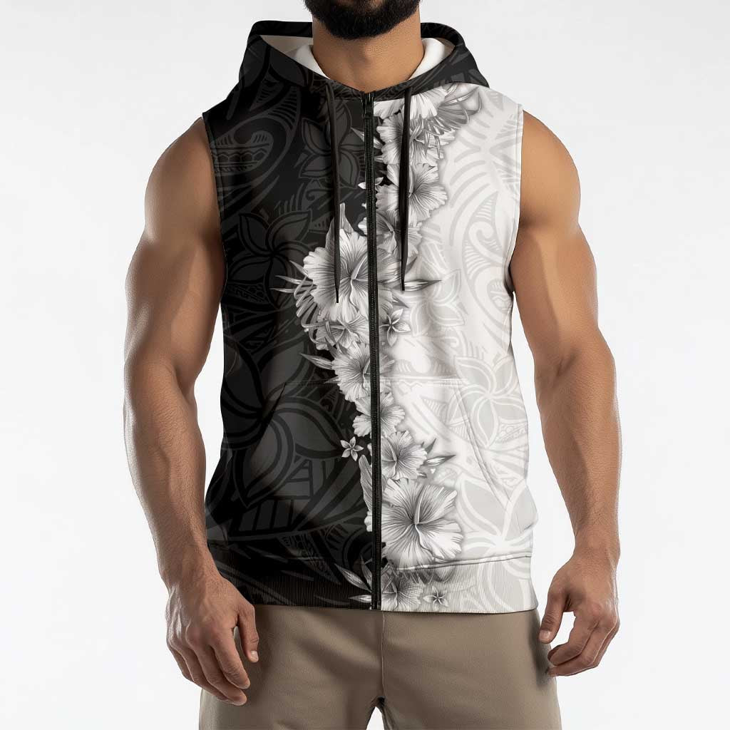 Hawaii Hibiscus Flowers Sleeveless Zip Hoodie Grayscale Polynesian Pattern LT05 - Polynesian Pride