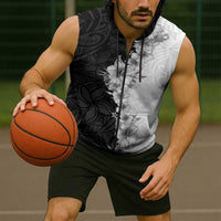 Hawaii Hibiscus Flowers Sleeveless Zip Hoodie Grayscale Polynesian Pattern LT05 - Polynesian Pride