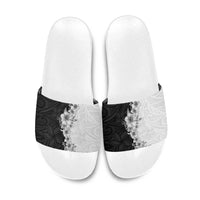 Hawaii Hibiscus Flowers Slide Sandals Grayscale Polynesian Pattern LT05 Black - Polynesian Pride