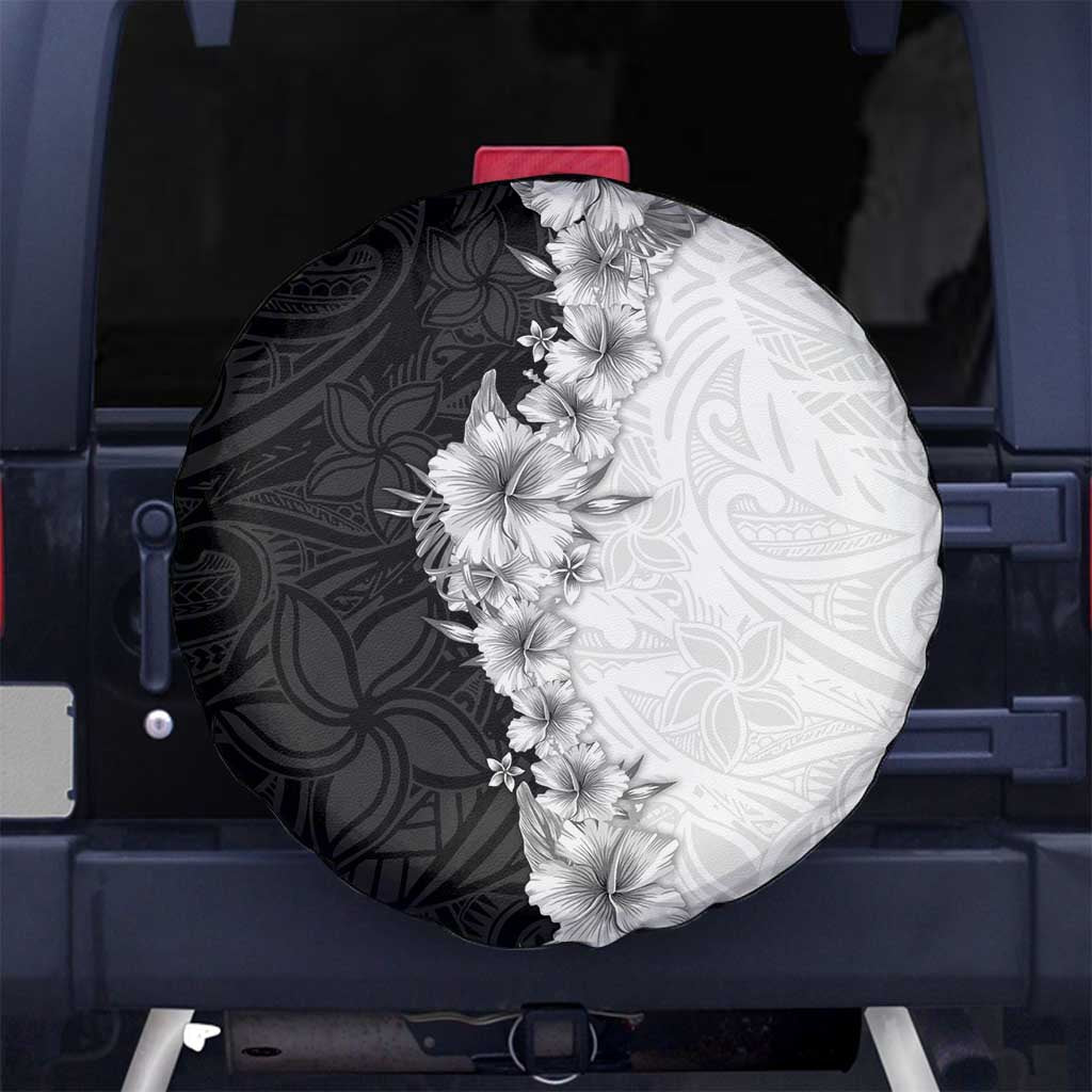Hawaii Hibiscus Flowers Spare Tire Cover Grayscale Polynesian Pattern LT05 No hole Black - Polynesian Pride