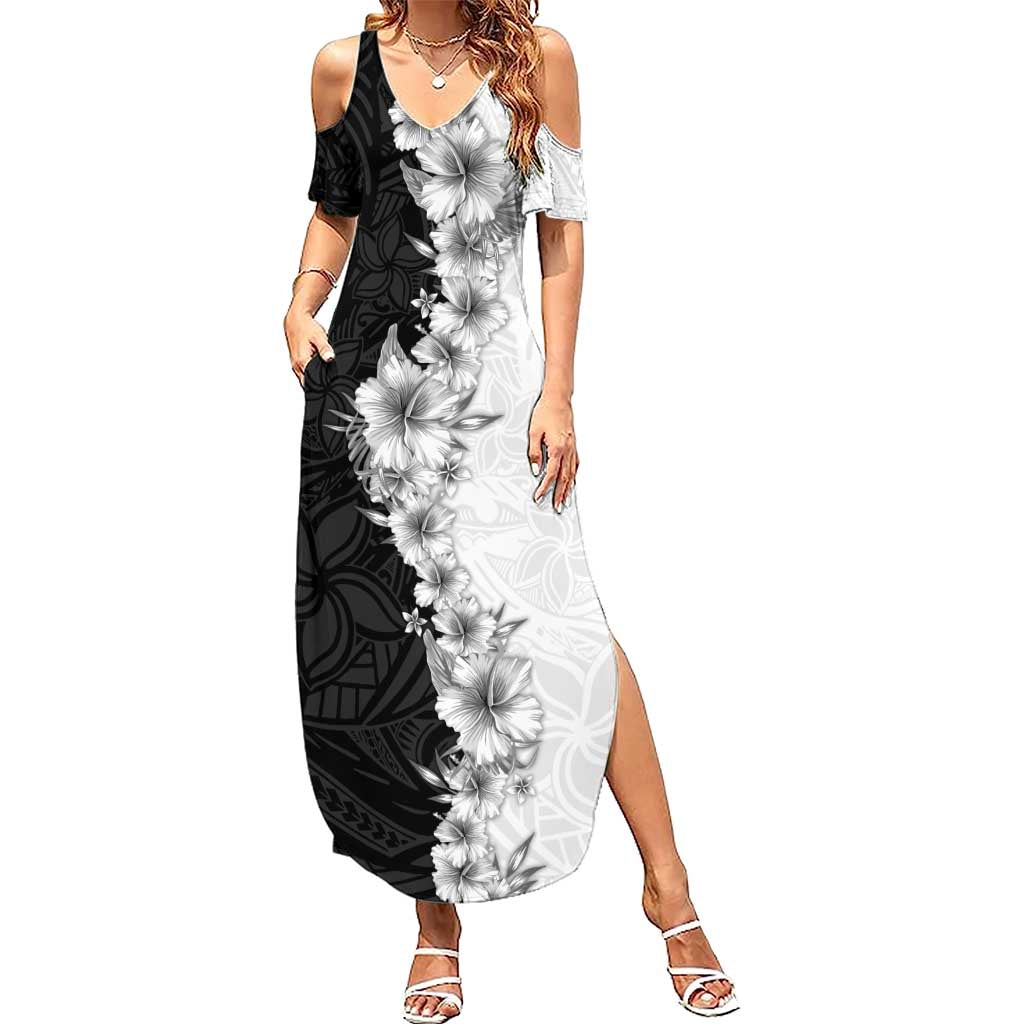 Hawaii Hibiscus Flowers Summer Maxi Dress Grayscale Polynesian Pattern LT05 Women Black - Polynesian Pride