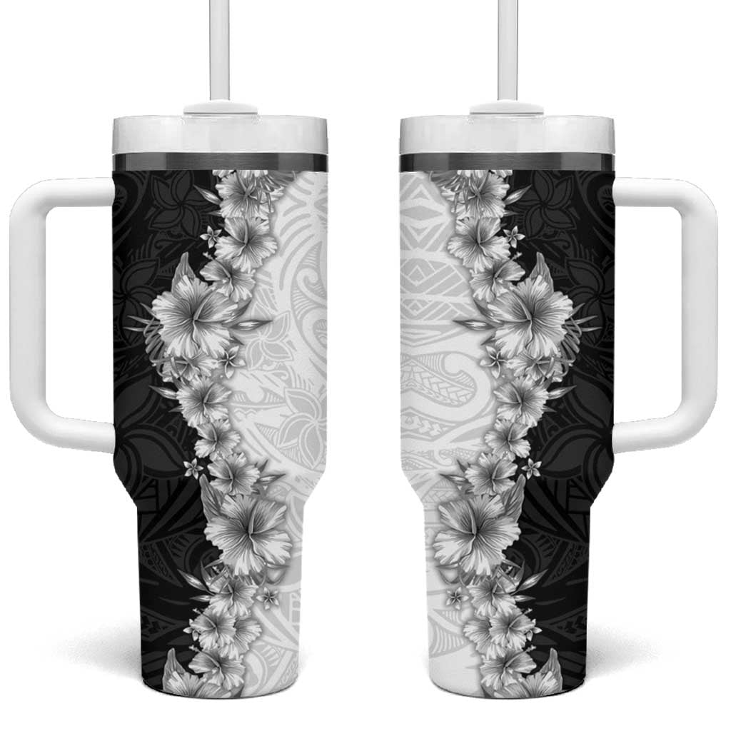 Hawaii Hibiscus Flowers Tumbler With Handle Grayscale Polynesian Pattern LT05 One Size: 40 oz Black - Polynesian Pride