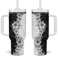 Hawaii Hibiscus Flowers Tumbler With Handle Grayscale Polynesian Pattern LT05 One Size: 40 oz Black - Polynesian Pride