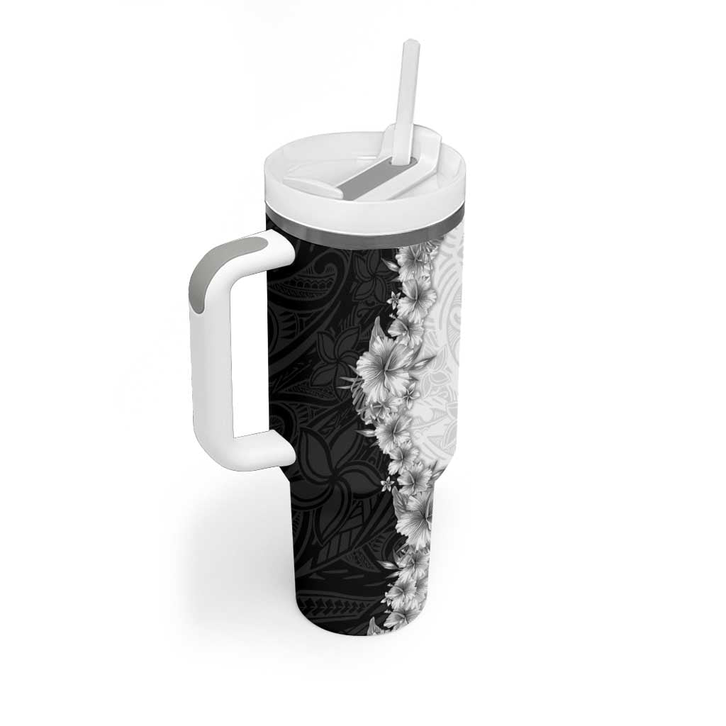 Hawaii Hibiscus Flowers Tumbler With Handle Grayscale Polynesian Pattern LT05 - Polynesian Pride
