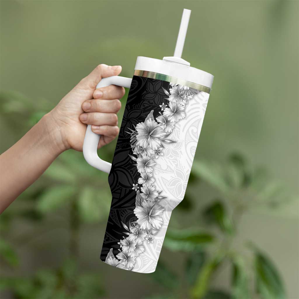 Hawaii Hibiscus Flowers Tumbler With Handle Grayscale Polynesian Pattern LT05 - Polynesian Pride
