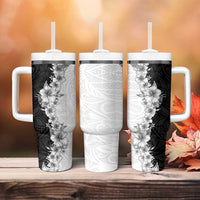 Hawaii Hibiscus Flowers Tumbler With Handle Grayscale Polynesian Pattern LT05 - Polynesian Pride