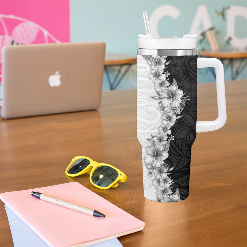 Hawaii Hibiscus Flowers Tumbler With Handle Grayscale Polynesian Pattern LT05 - Polynesian Pride